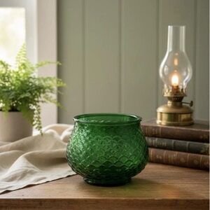 Vintage Emerald Green Pressed Glass Flower Bowl Fish Scale Pattern Cleveland Co